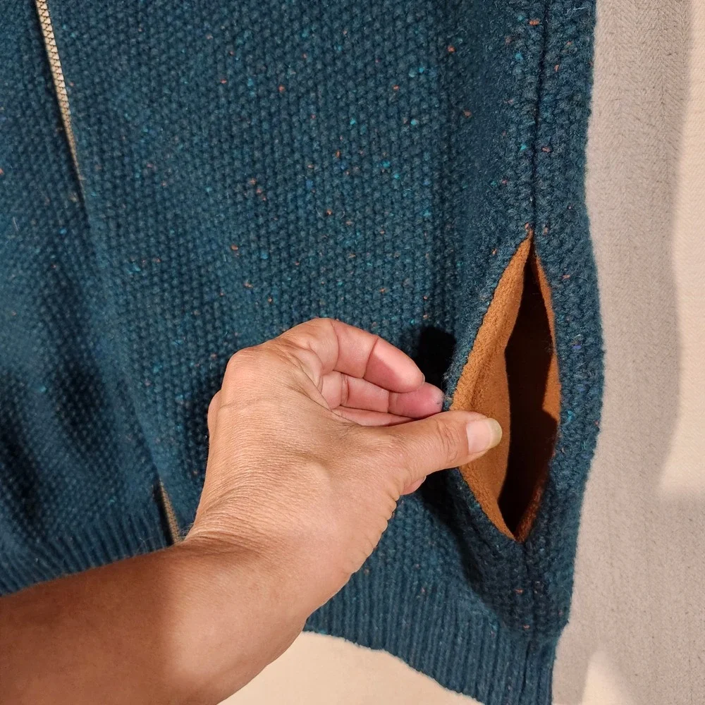 Orvis Mens Teal Donegal Wool Blend Full Zip Sweater Vest Waffle Knit Large Fall